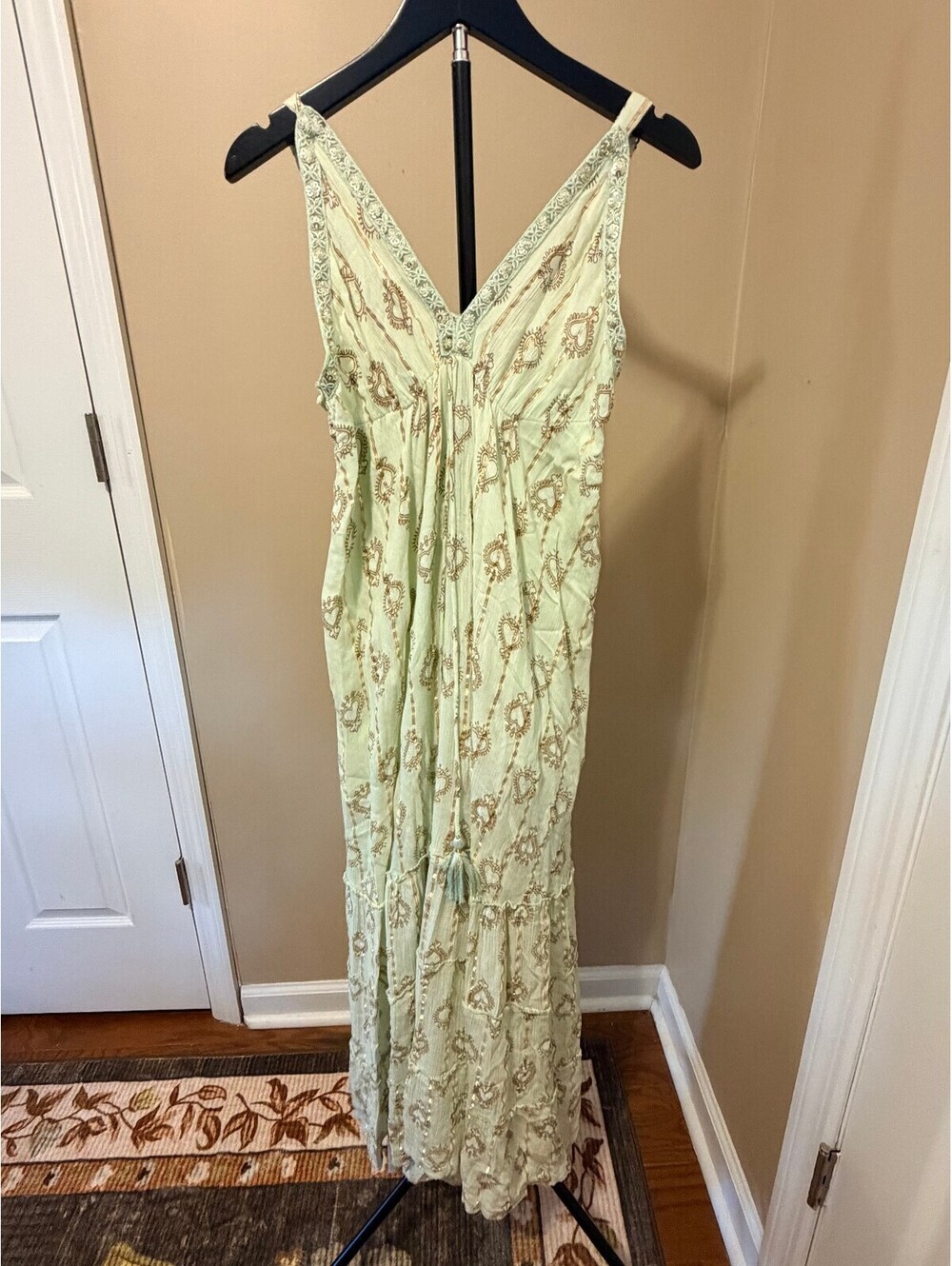 Ananta One Size Mint Boho Maxi Dress Sequin Trim Paisley Tassel Resort Beach